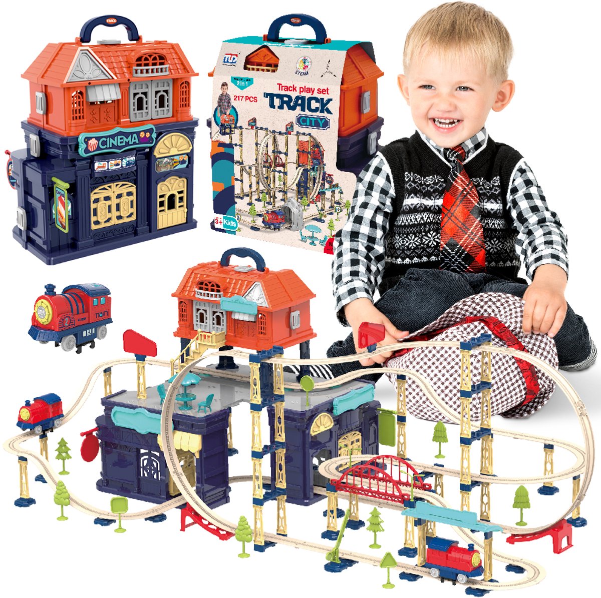 sun baby Treinbaan met elektrische locomotief voor kinderen vanaf 3 jaar met lus, viaduct, brug, slagboom, stationsgebouw, bioscoop en winkelgebouwen