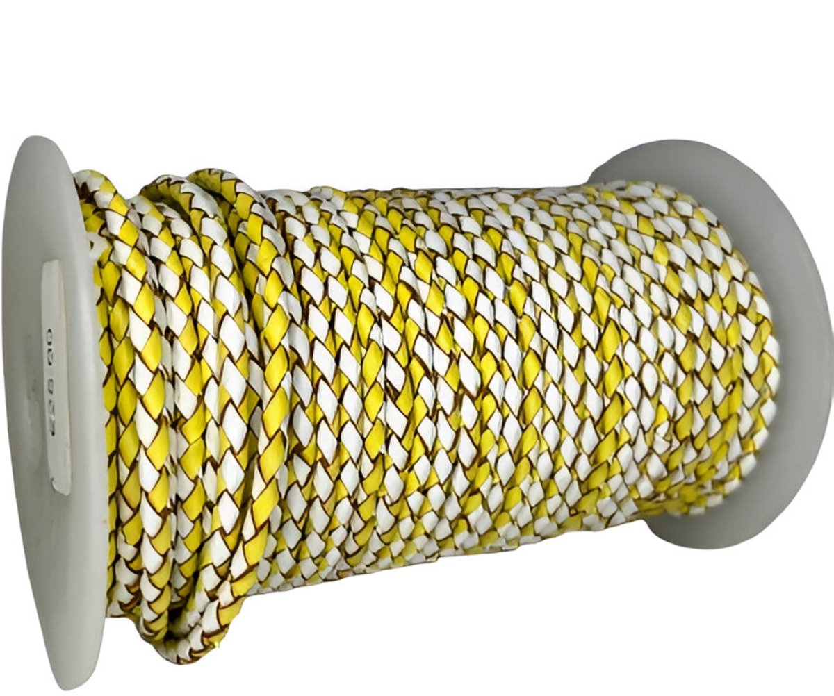Gevlochten Leren Koord Rond, 10 m x 3 mm - Rond Gevlochten Lederen Koord, Voor Halskettingen, Armbanden, Sieraden, Knutselkralen en Veters (Wit & Geel)