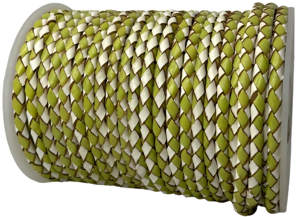 Gevlochten Leren Koord Rond, 10 m x 4 mm - Rond Gevlochten Lederen Koord, Voor Halskettingen, Armbanden, Sieraden, Knutselkralen en Veters (Lime & Wit)
