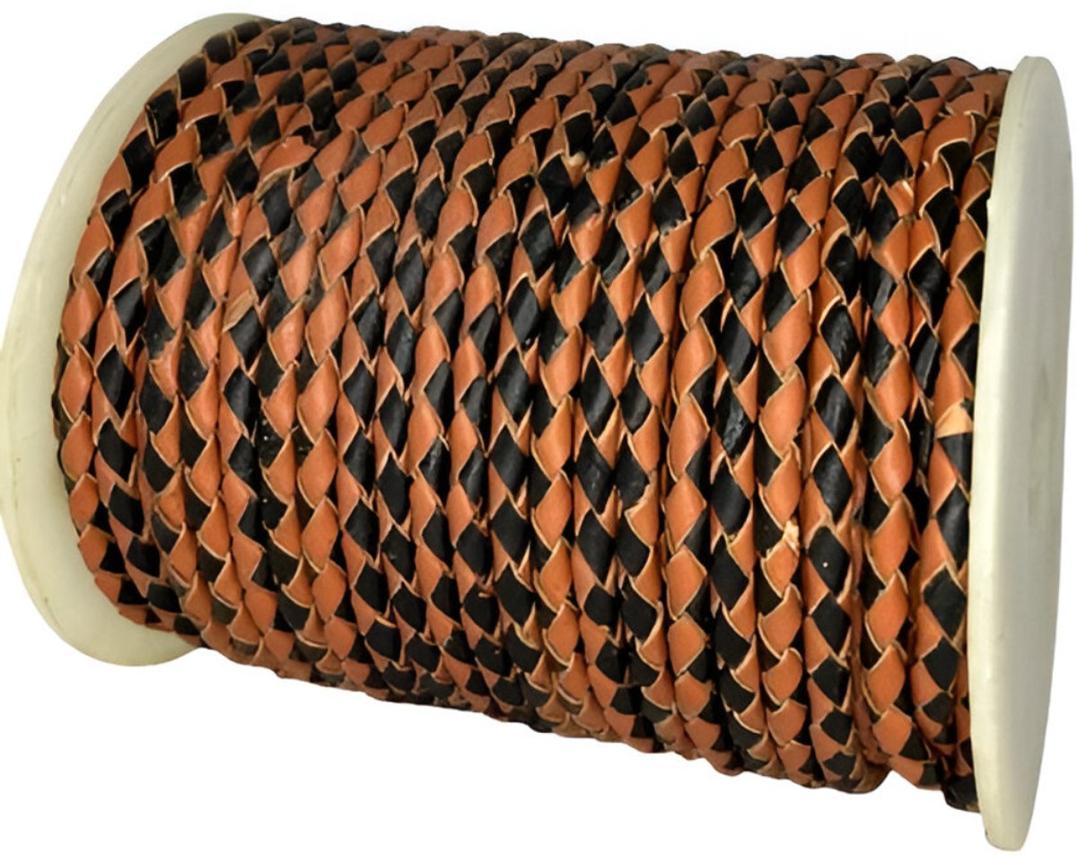 Gevlochten Leren Koord Rond, 10 m x 4 mm - Rond Gevlochten Lederen Koord, Voor Halskettingen, Armbanden, Sieraden, Knutselkralen en Veters (Tan & Zwart)