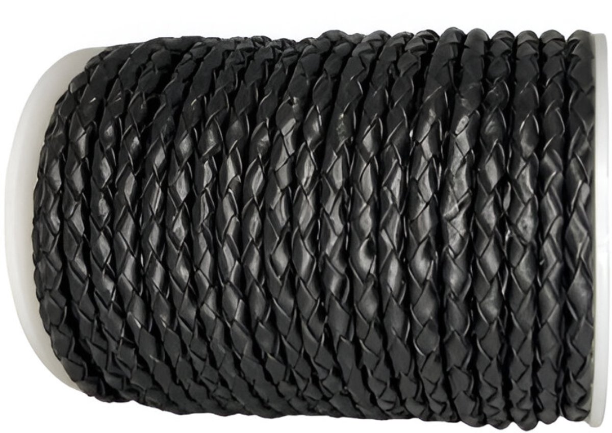 Gevlochten Leren Koord Rond, 10 m x 4 mm - Rond Gevlochten Lederen Koord, Voor Halskettingen, Armbanden, Sieraden, Knutselkralen en Veters (Zwart)