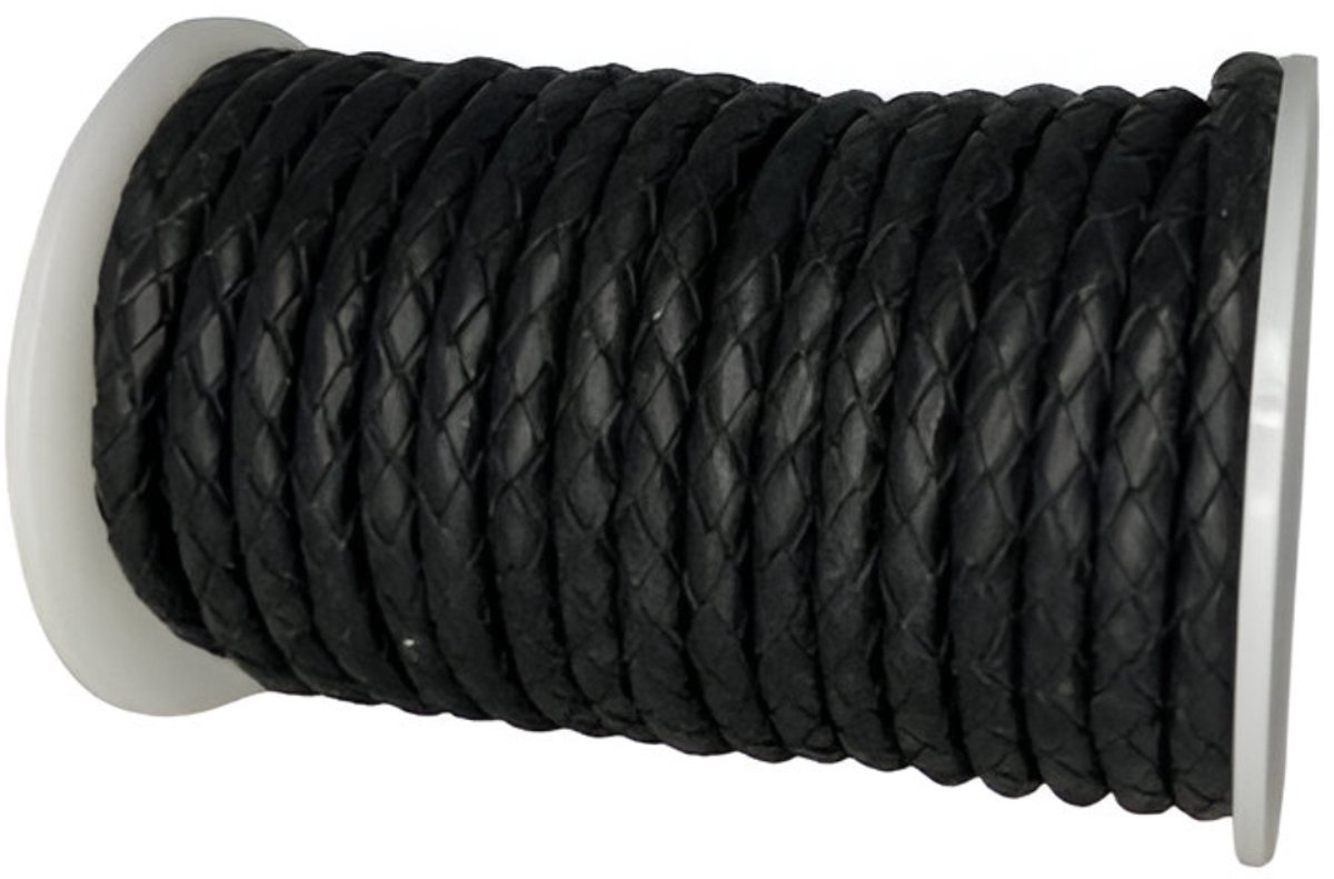 Gevlochten Leren Koord Rond, 5 m x 5 mm - Rond Gevlochten Lederen Koord, Voor Halskettingen, Armbanden, Sieraden, Knutselkralen en Veters (Zwart)