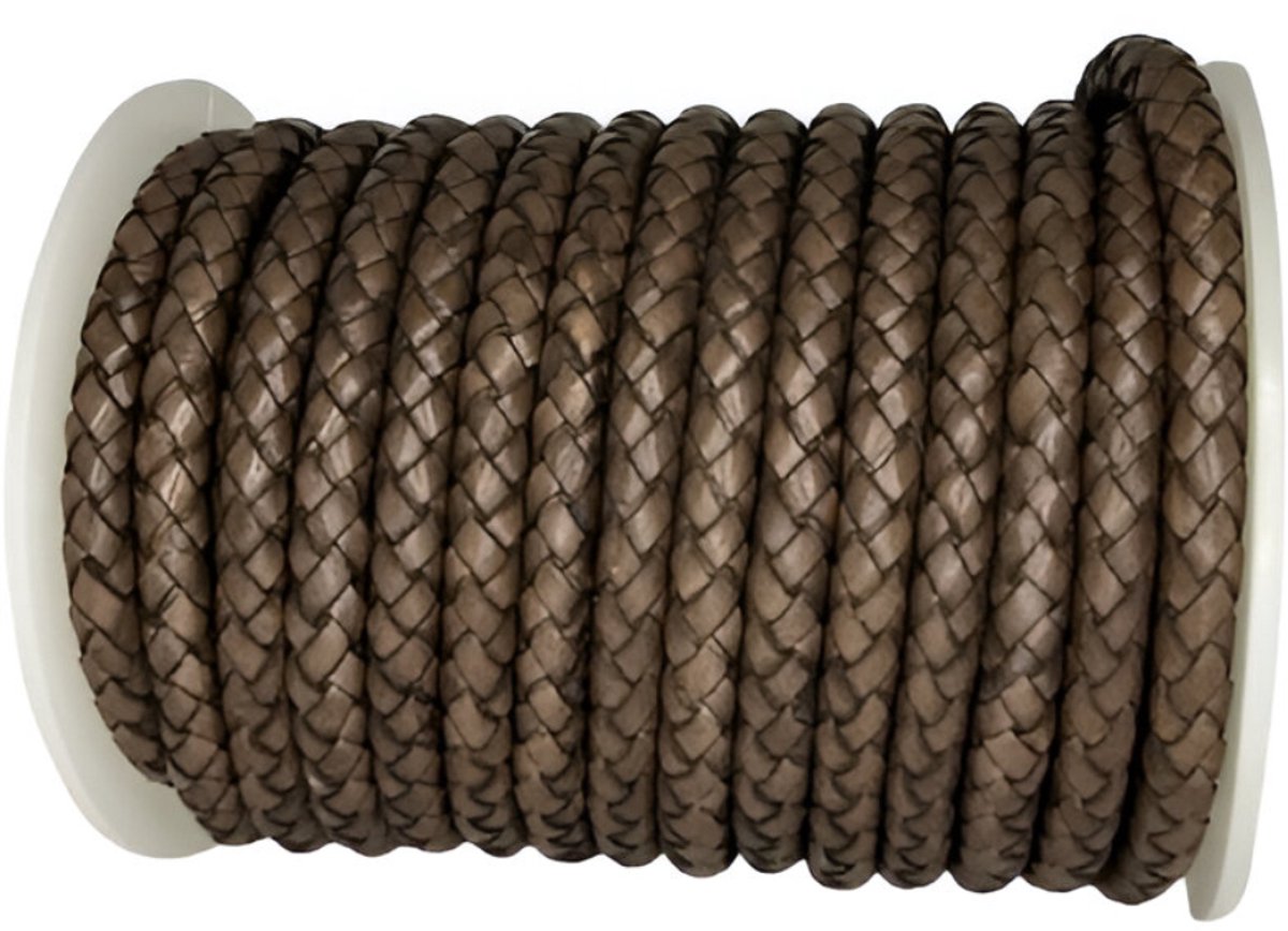 Gevlochten Leren Koord Rond, 5 m x 6 mm - Rond Gevlochten Lederen Koord, Voor Halskettingen, Armbanden, Sieraden, Knutselkralen en Veters (Bruin)