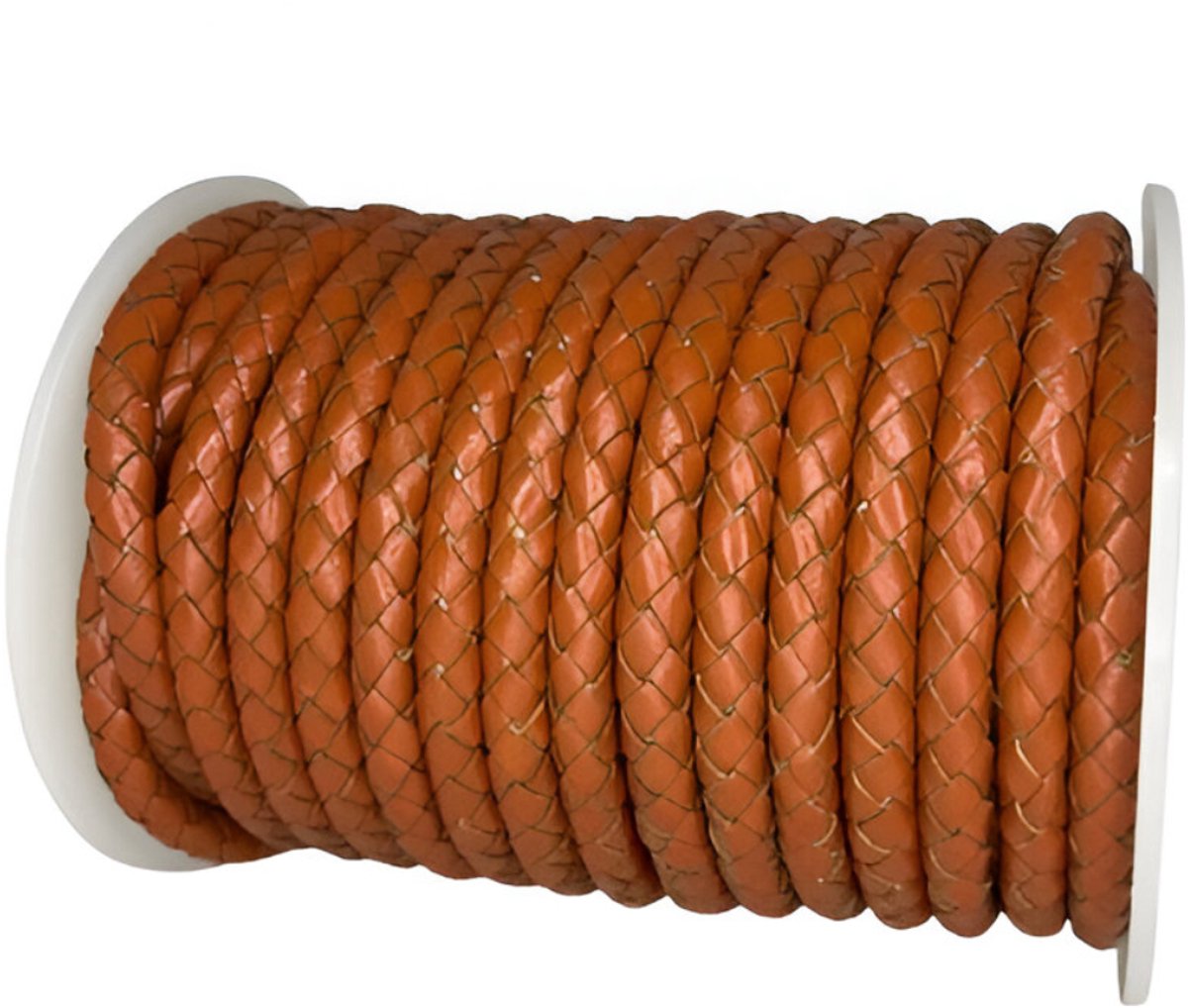 Gevlochten Leren Koord Rond, 5 m x 6 mm - Rond Gevlochten Lederen Koord, Voor Halskettingen, Armbanden, Sieraden, Knutselkralen en Veters (Donker Oranje)