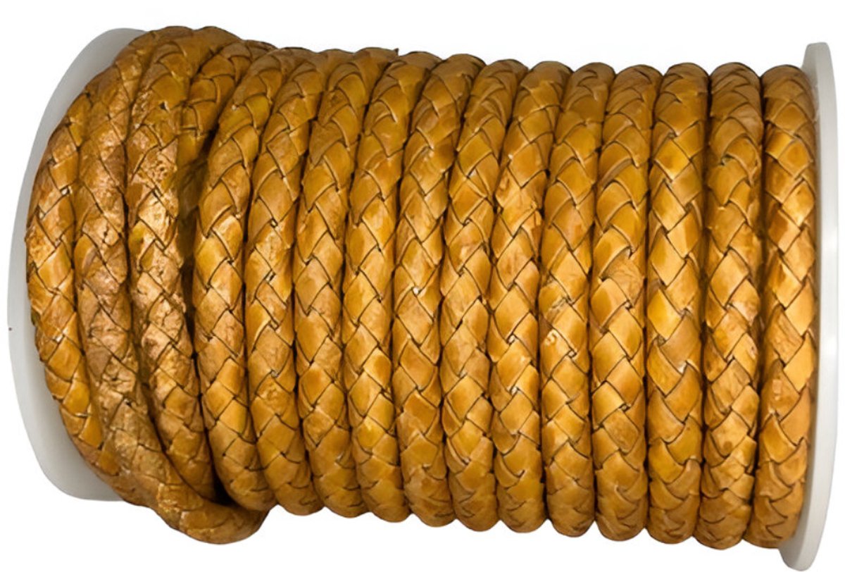 Gevlochten Leren Koord Rond, 5 m x 6 mm - Rond Gevlochten Lederen Koord, Voor Halskettingen, Armbanden, Sieraden, Knutselkralen en Veters (Naturel)