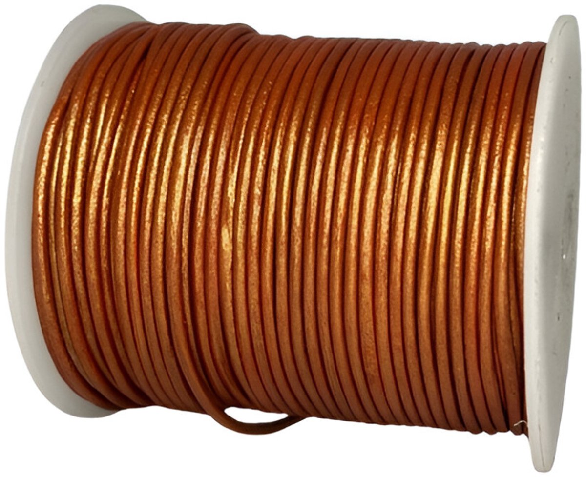 Leren Koord Rond, 50 m x 1.5 mm - Rond Lederen Koord, Voor Halskettingen, Armbanden, Sieraden, Knutselkralen en Veters (Metallic Oranje)