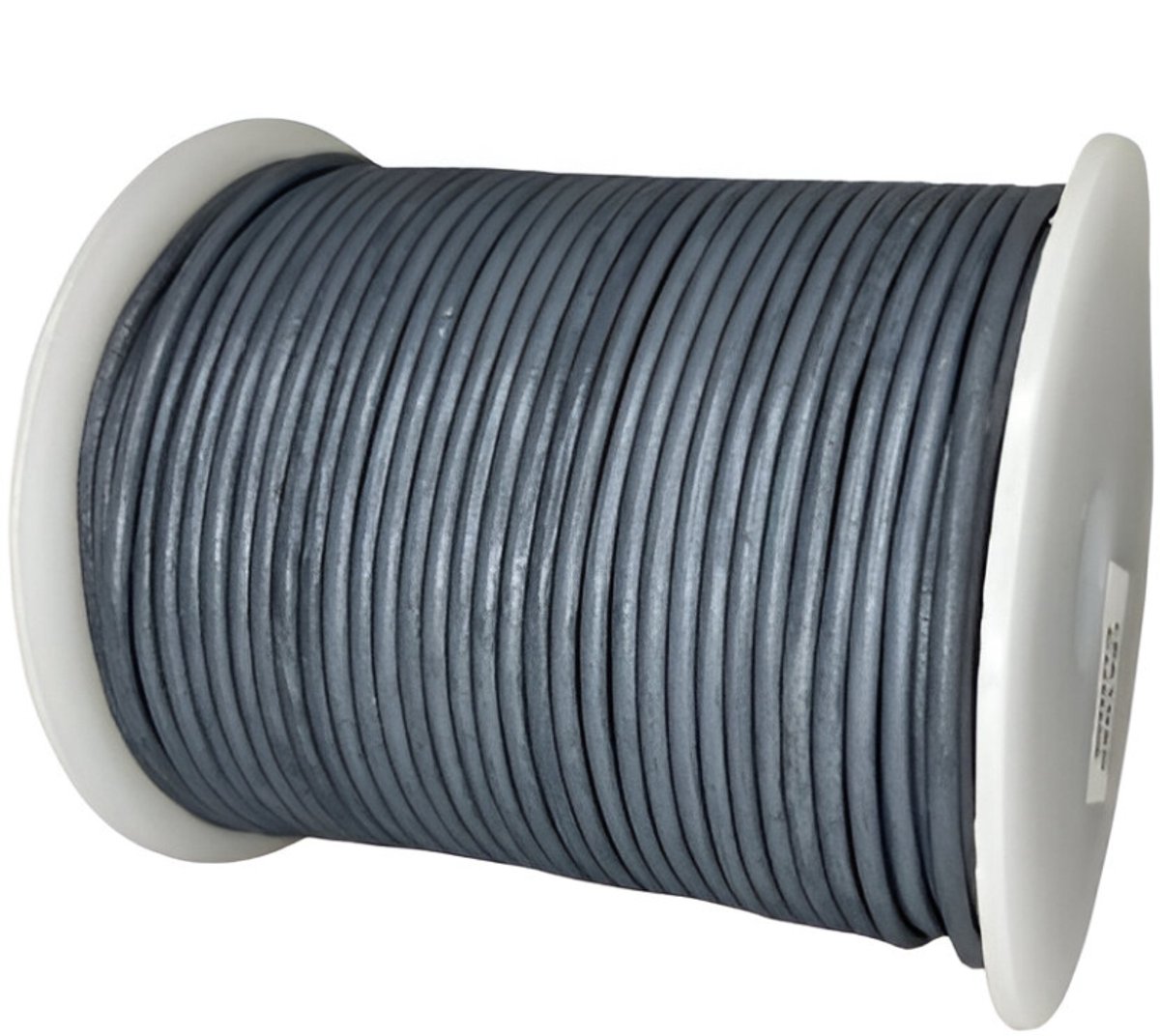 Leren Koord Rond, 50 m x 2 mm - Rond Lederen Koord, Voor Halskettingen, Armbanden, Sieraden, Knutselkralen en Veters (Grijs)