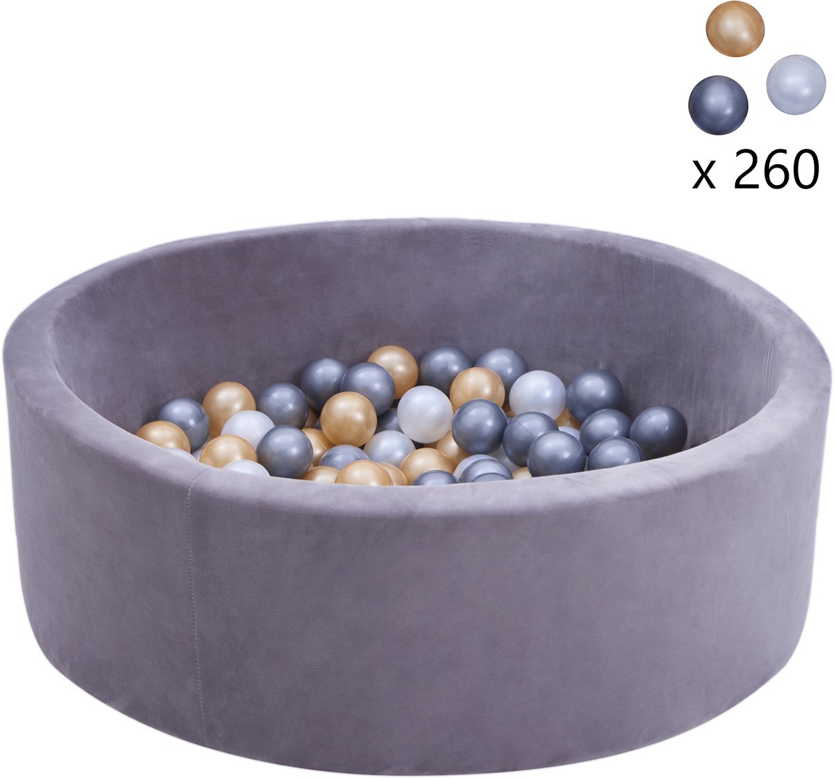 Sunny Boaz Ballenbak inclusief 260 ballen Velvet Grijs – Wit/Grijs/Goud Ø7cm ballen – Ballenbad rond Ø90x30cm
