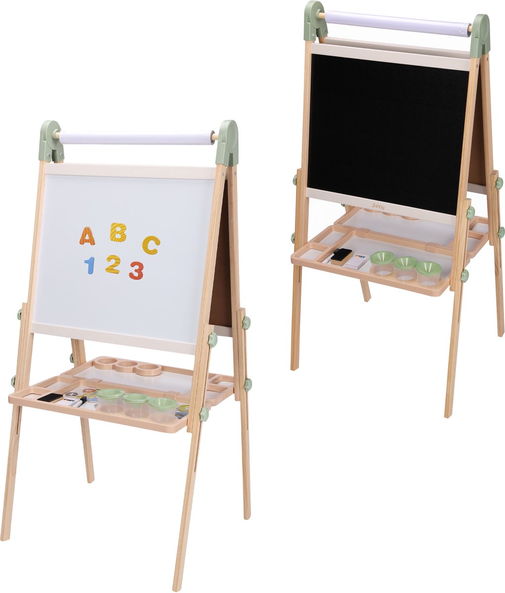 Sunny Luna Activiteiten Ezel – Verstelbare Houten Kinder Ezeltje – Speelezel met Whiteboard & Krijtbord – Magnetisch Bord – Inclusief Papierrol, Bekers & Accessoires – Educatief Speelgoed