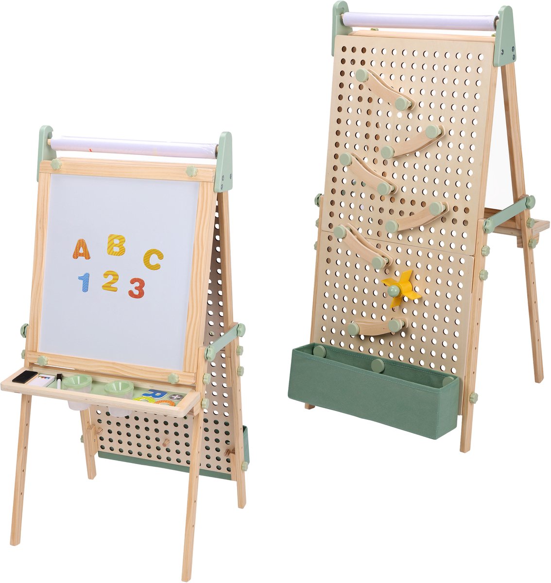 Sunny Mika Activiteiten Ezel – Houten Kinder Ezeltje – Speelezel met Whiteboard, Krijtbord, Magnetisch Bord & Pegboard – Inclusief Papierrol, Magneten, Krijtjes, Eraser, Pegboard Accessoires en meer – Educatief Speelgoed