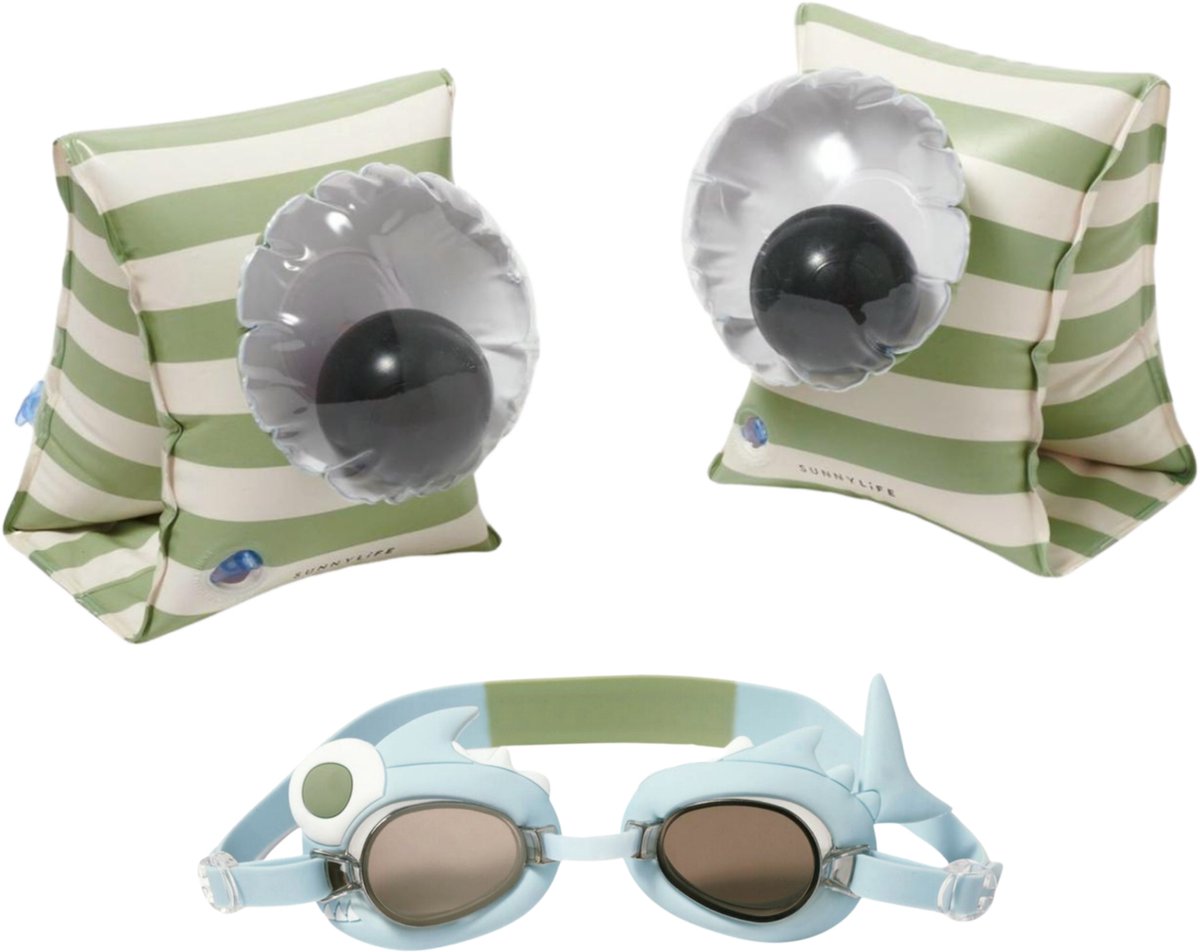 Sunnylife Shark Tribe - Zwemset - Zwembandjes & Zwembril - 3/6jr - max 25kg.