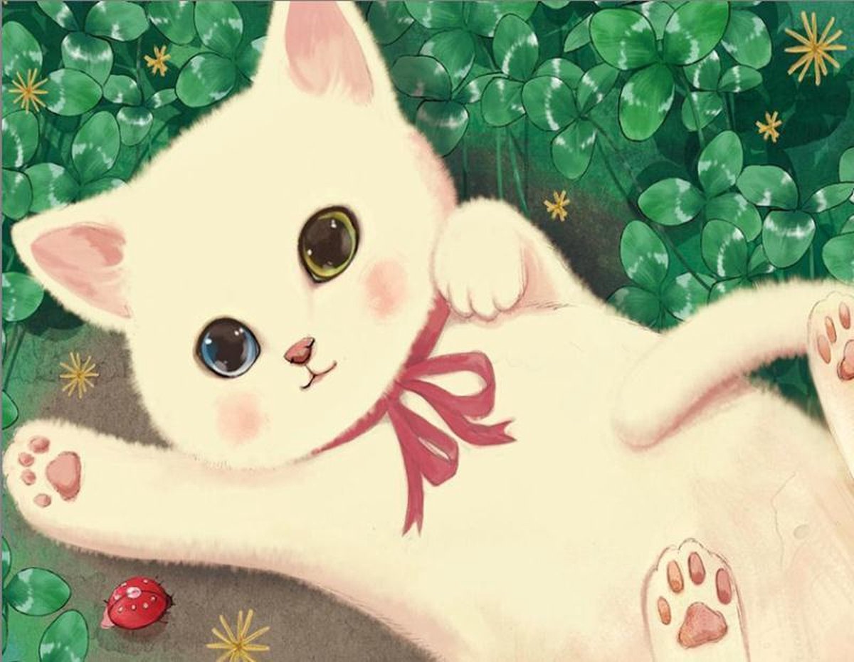 Diamond Painting 40x50cm - Katje en klaver - Volledige dekking - Ronde steentjes