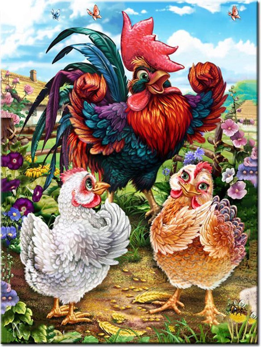 Diamond Painting Volwassenen - Haan en kip - fotoformaat 40x50cm - Volledige dekking - Vierkante steentjes - Dieren