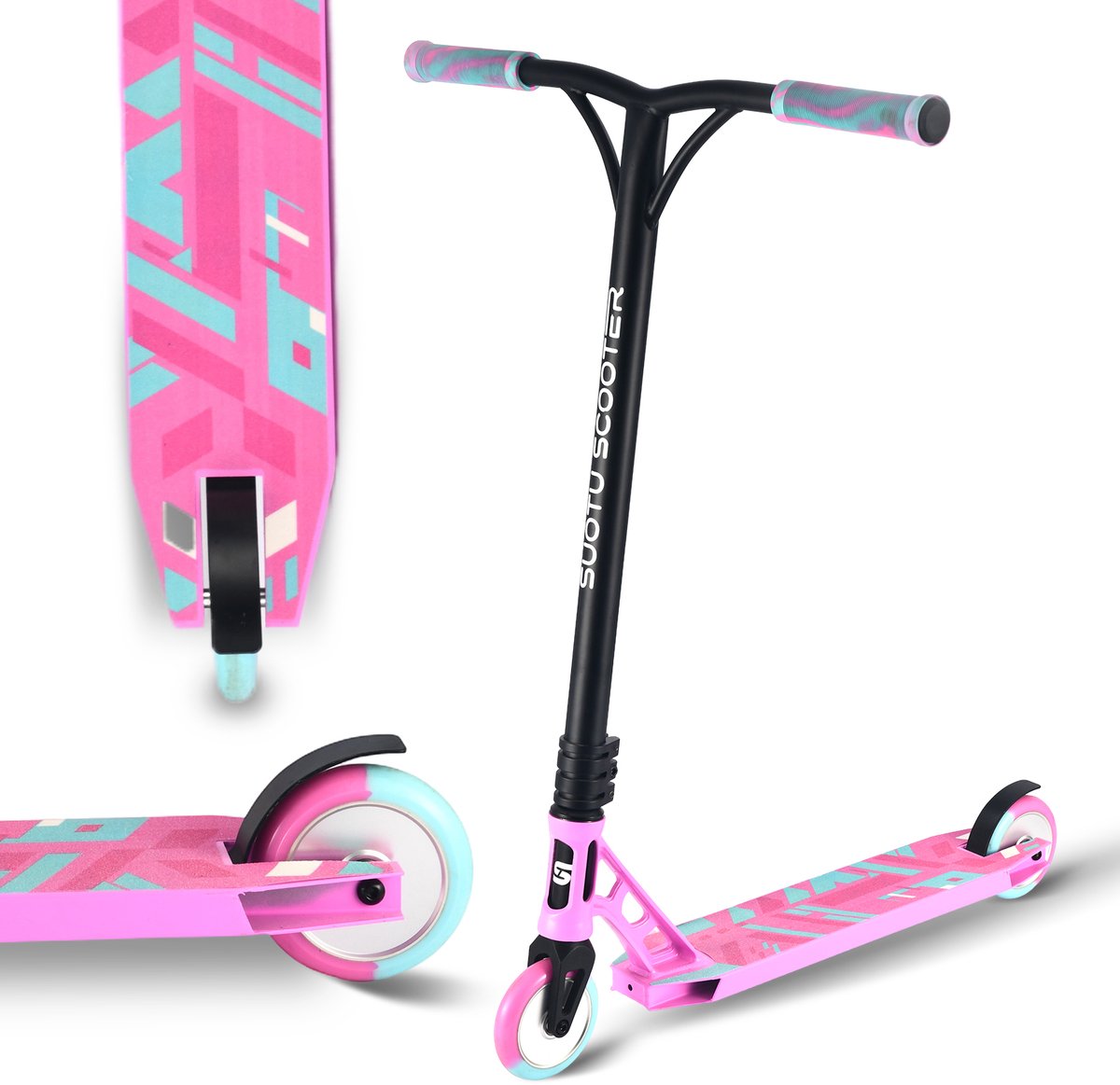 Suotu Stuntstep Professioneel - Step - 110mm - Speelgoed Jongens/Meisjes - Kinderstep - ABEC-9 - 100KG - Aluminium - Blauw/Roze