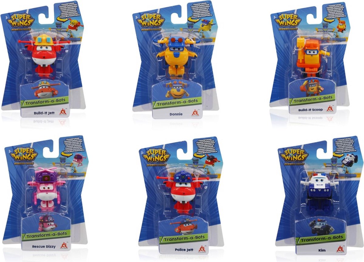 6 pack Super Wings Transform a Bots figuren 6cm (EU730011 / EU730012 / EU730013 / EU730022 / EU730031 / EU730033 - Build-it Jet / Build-it Donnie / Scoop / Rescue Dizzy / Police Jett / Kim)