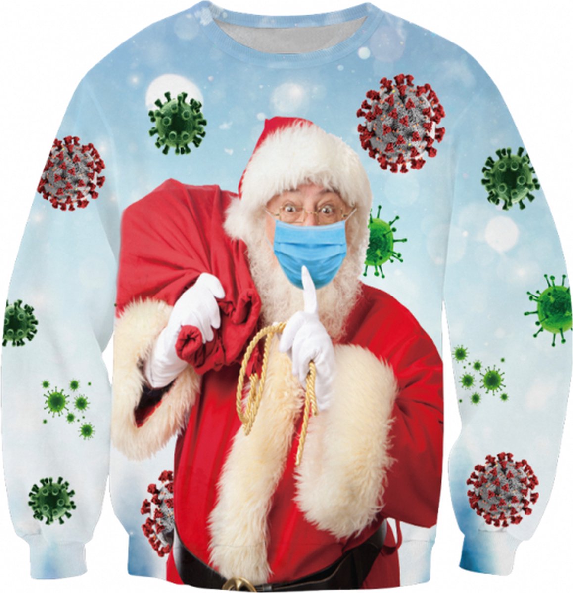 Corona kerstman kersttrui - Maat XL - Foute Kersttrui - Superfout - Foute trui - Feestkleding - Kerstkleding - Foute kleding - Kerst trui - Kersttrui dames - Kersttrui heren - Lelijke Kersttrui - Grappige Kersttrui - Covid - Kerstman met mondkapje -