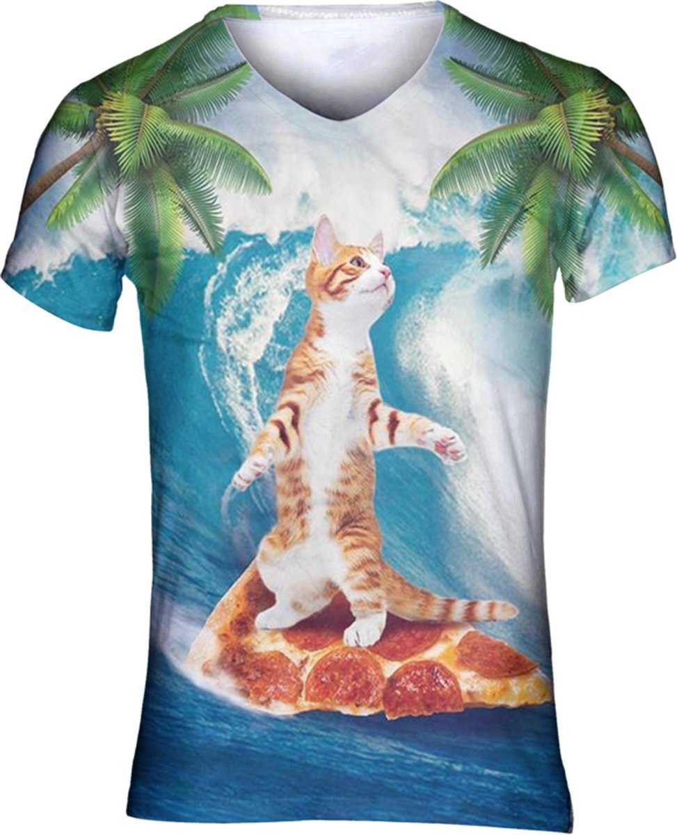 Kat surfend op een pizza - Pizza kat surfer Festival shirt - Maat: S - V-hals - Feestkleding - Festival Outfit - Fout Feest - T-shirt voor festivals - Rave party kleding - Rave outfit - Kattenshirt - Nineties