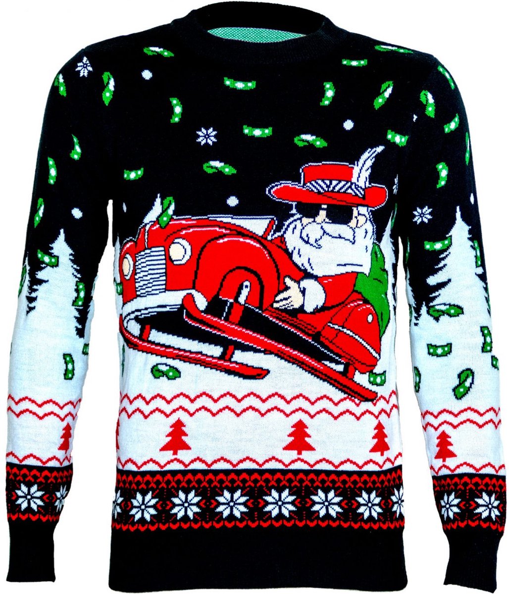 Pimp Santa foute kersttrui - Maat L - Foute Kersttrui - DrunkenDinos - Gebreide kersttrui - Foute trui - Feestkleding - Kerstkleding - Foute kleding - Kerst trui - Kersttrui heren - Lelijke Kersttrui - Pooier kerstman - Vliegende Cadillac - Geld