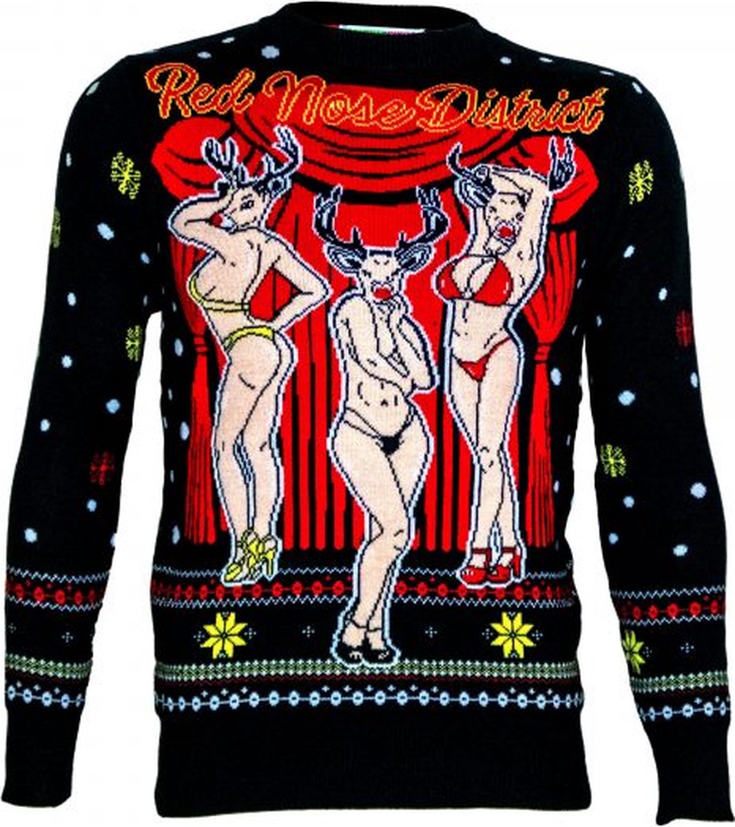 Red nose disctrict kersttrui - Maat XS - Foute Kersttrui - DrunkenDinos - Gebreide kersttrui - Foute trui - Feestkleding - Kerstkleding - Foute kleding - Kerst trui - Kersttrui dames - Kersttrui heren - Lelijke Kersttrui - Grappige Kersttrui -