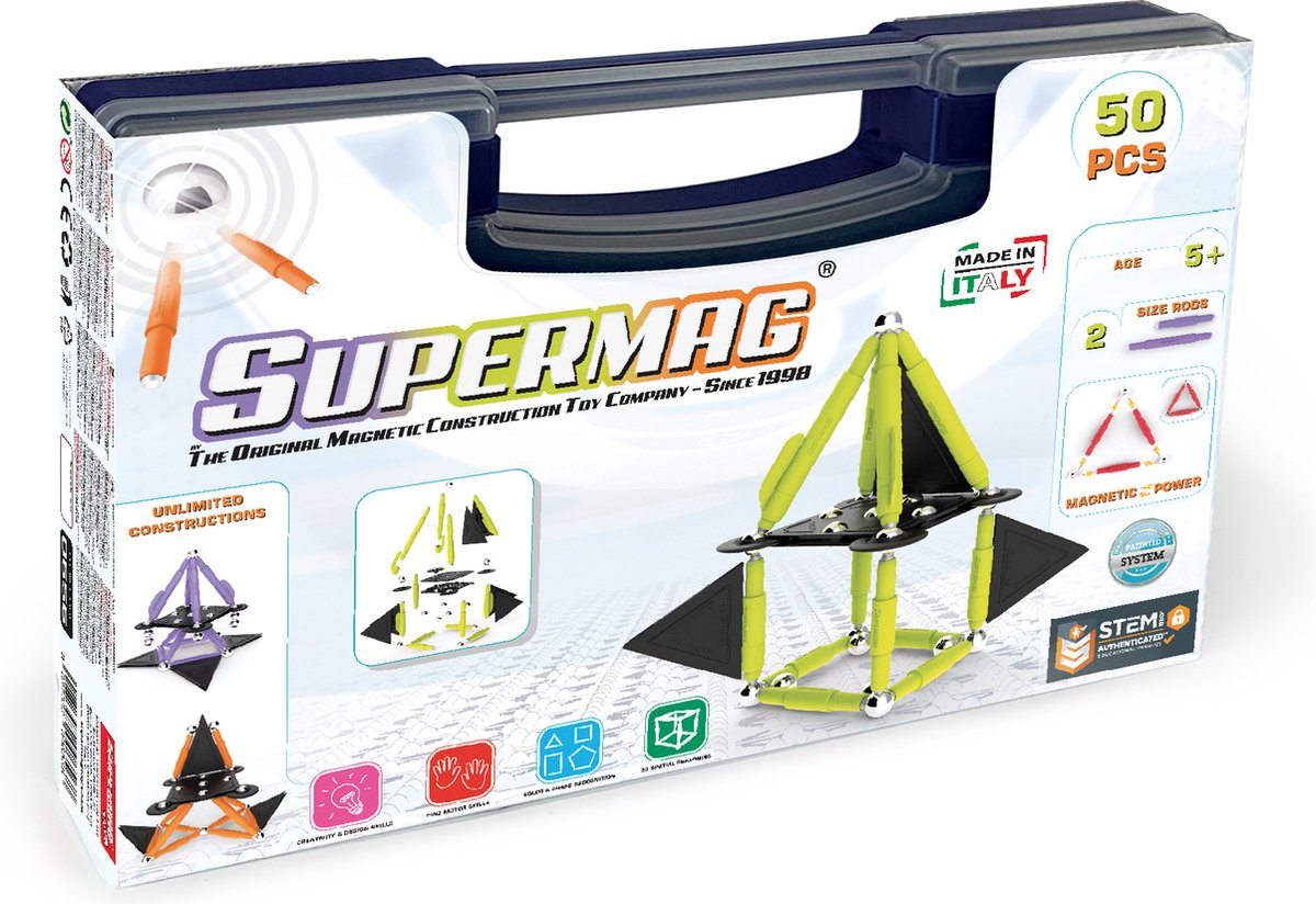 Magneet speelgoed Supermag Technicolor 50 case SM0656 Multikleur