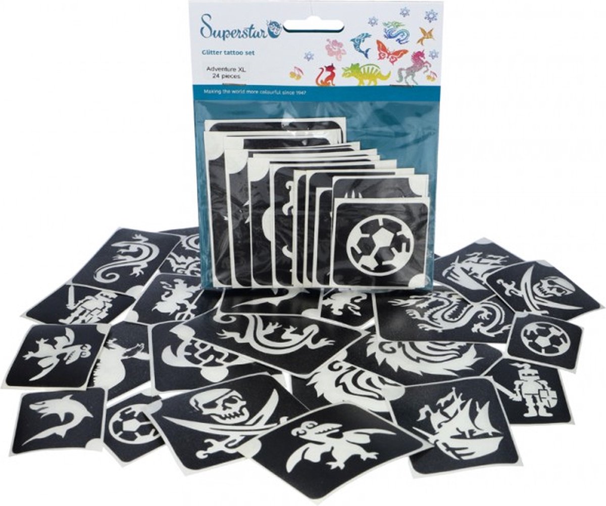 Superstar Glitter Tattoo Stencils XL Avontuur / Adventure 24 stuks (98811)