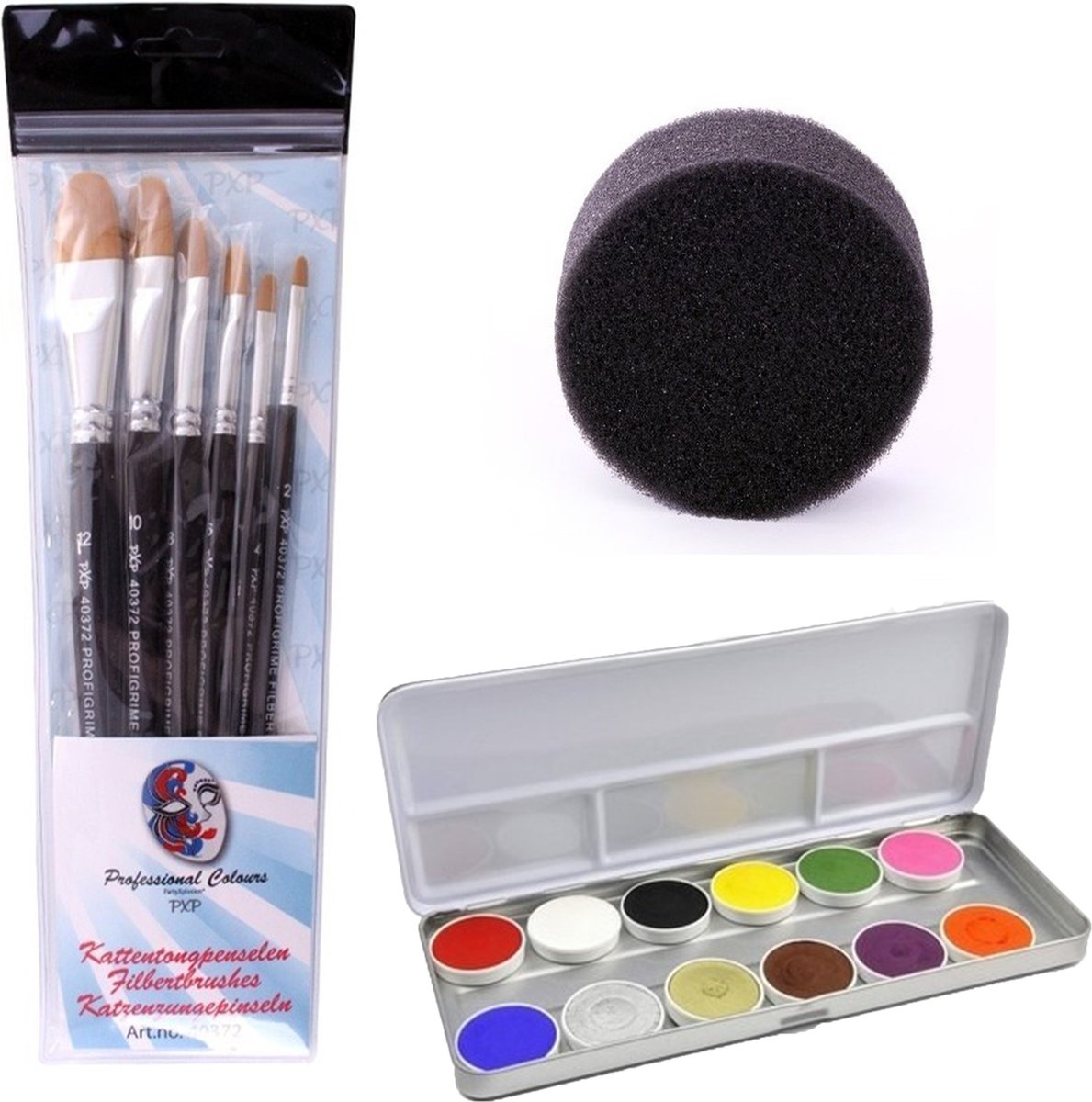 Superstar Professionele Schmink set met 12 kleuren - 6x penselen en 2x sponsjes - voor kinderen en volwassenen