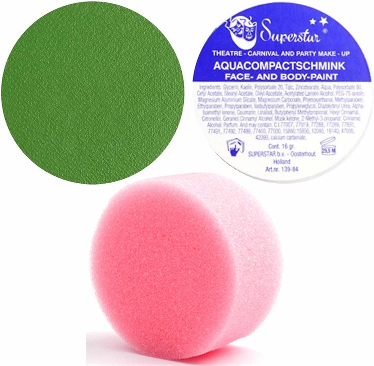 Superstar schmink kleur groen 16 gram met rond grimeer sponsje - Schminken voor kinderen en volwassenen