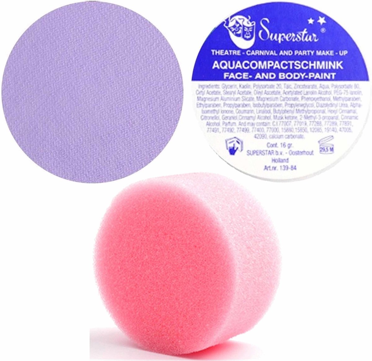 Superstar schmink kleur lila paars 16 gram met rond grimeer sponsje - Schminken voor kinderen en volwassenen