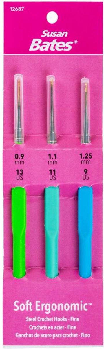 Susan Bates set zachte ergonomische metalen haaknaalden 0.9, 1.1 en 1.25 mm