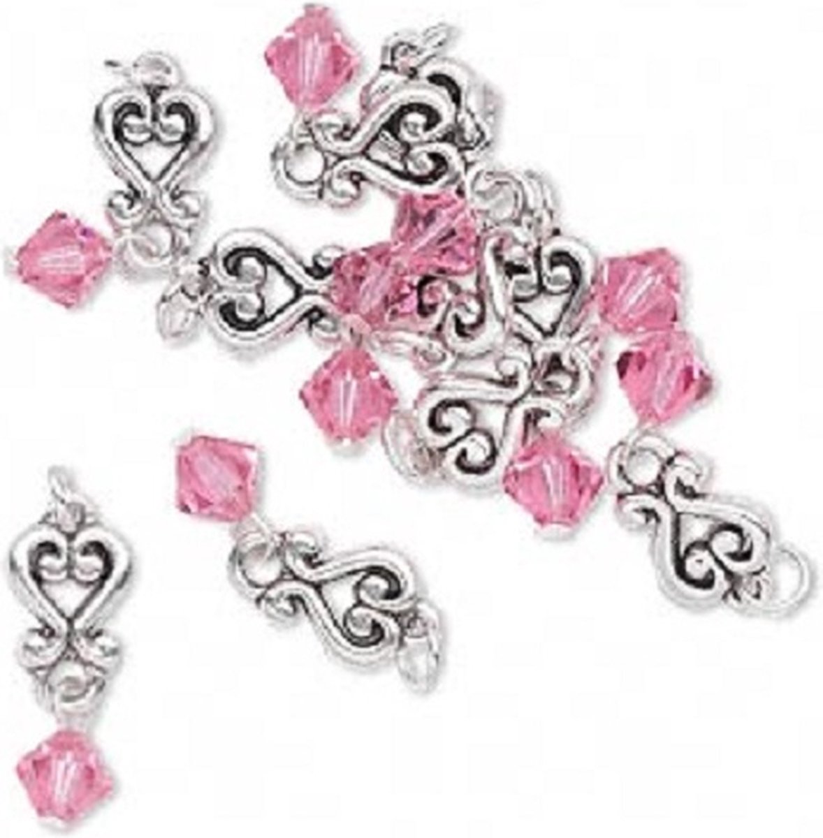 Antiek zilverplated hangcomponenten 26x8mm, met Swarovski 6mm bicone in de kleur Rose. Per 18 stuks