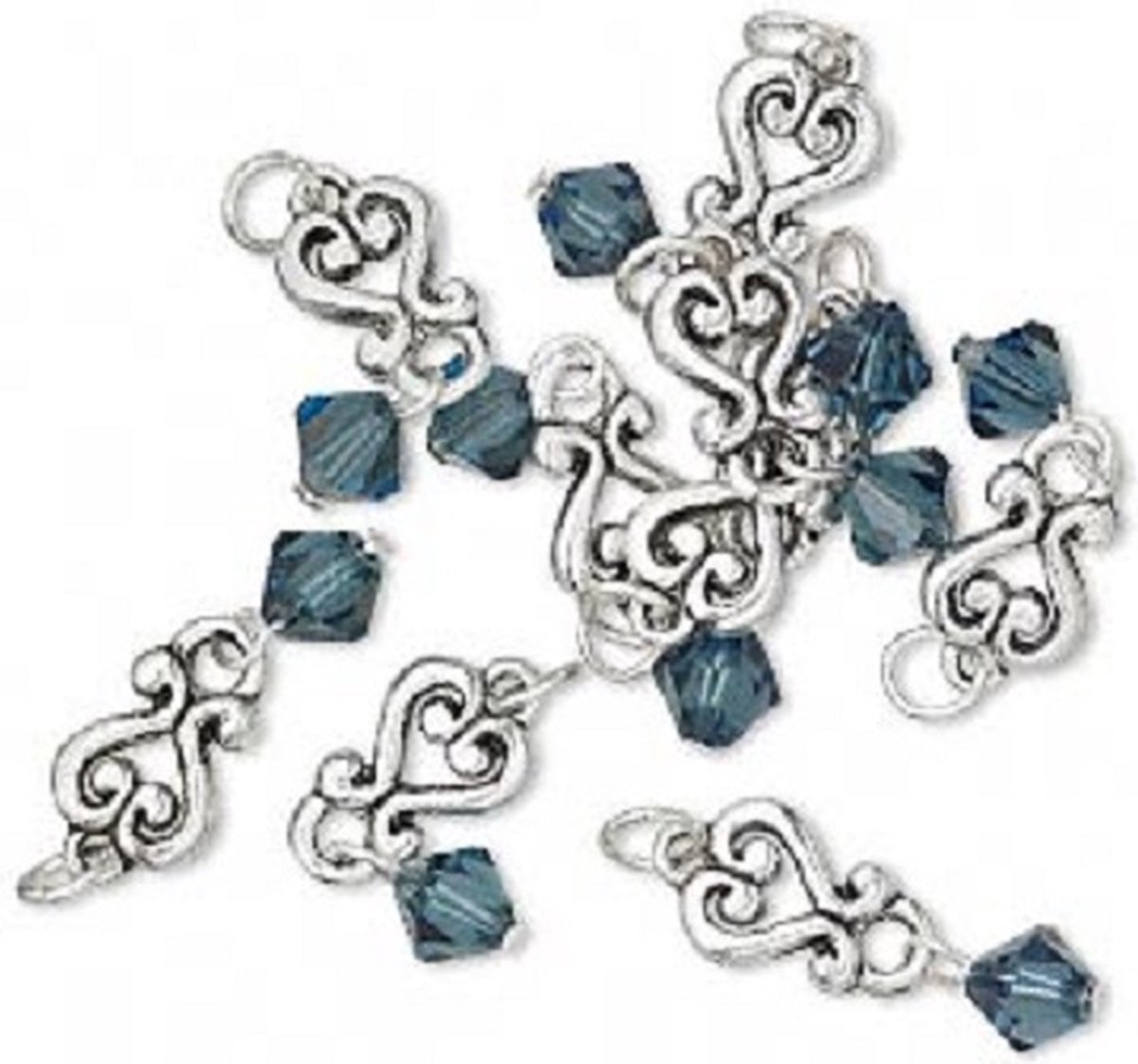 Antiek zilverplated hangcomponenten 26x8mm, met Swarovski 6mm bicone in de kleur montana. Per 18 stuks