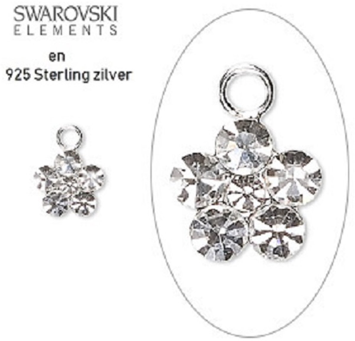 Sterling zilveren Swarovski bedeltjes, bloemetjes 8mm, met Clear Swarovski kristal. Per 2 stuks