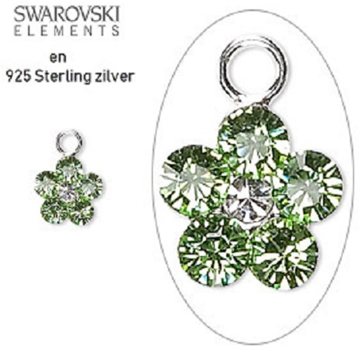 Sterling zilveren   bedeltjes, bloemetjes 8mm, met Peridot en Clear   kristal. Per 2 stuks