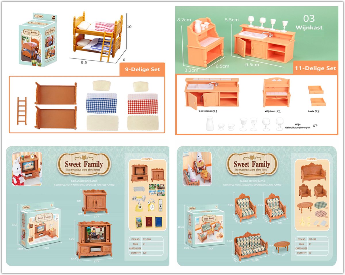 4 sets - kinderspeelhuis, mini-meubels/servies, miniatuur gesimuleerde keuken, thuisscène-gadgets/speelgoedset