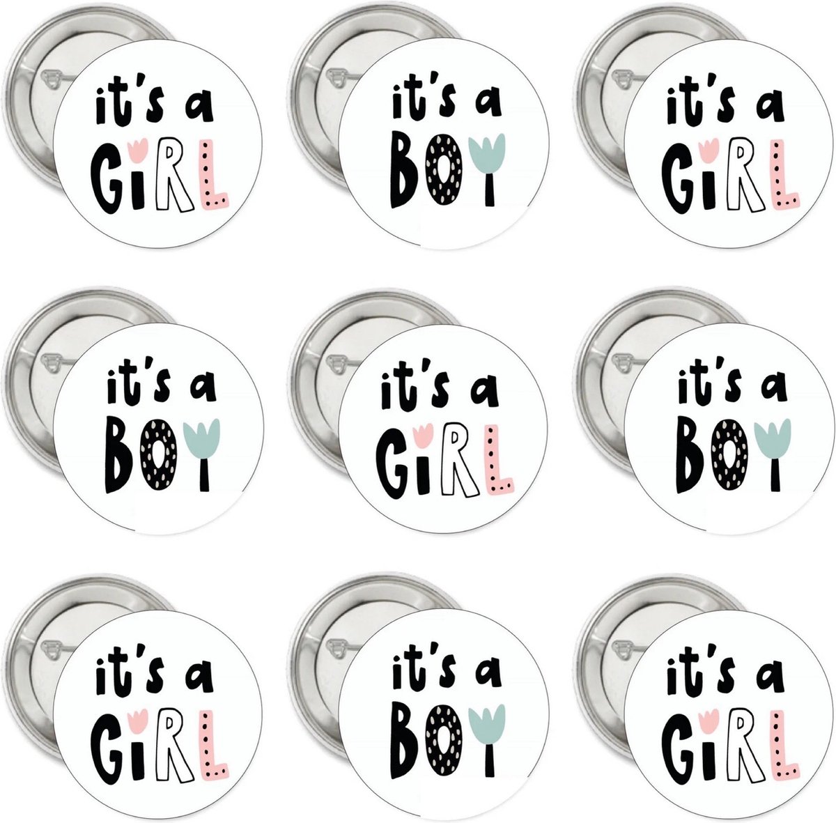 10 Buttons Its a Boy en Its a Girl black white mint en zalmroze - genderreveal - babyshower - its a girl - its a boy - button - baby