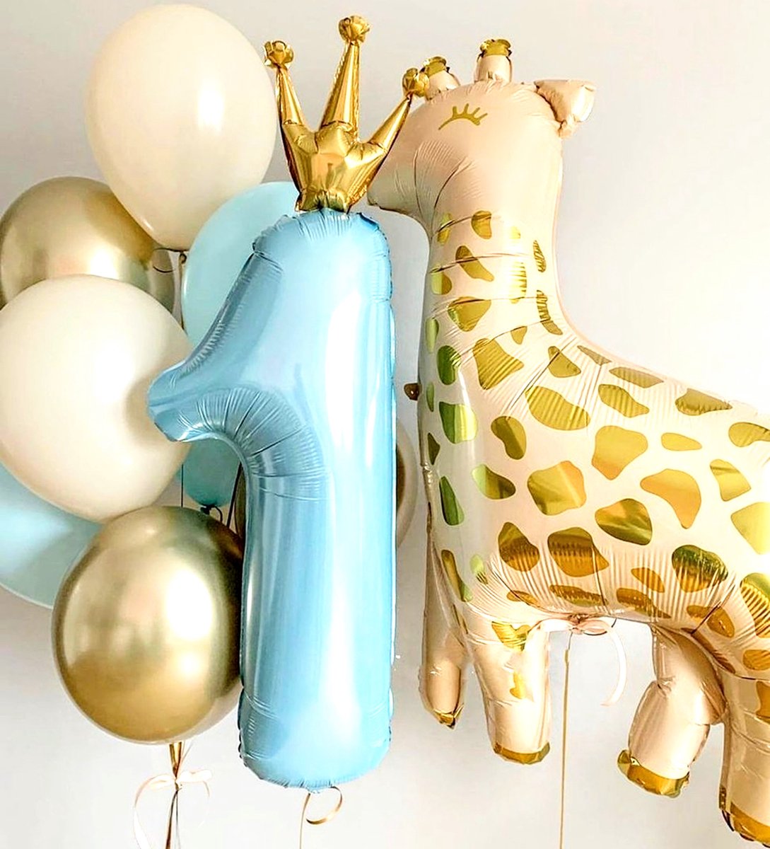 1e verjaardag cakesmash ballon set met Giraf blauw met goud 8-delig - cakesmash - giraf - eerste - ballon - decoratieverjaardag - 1 -