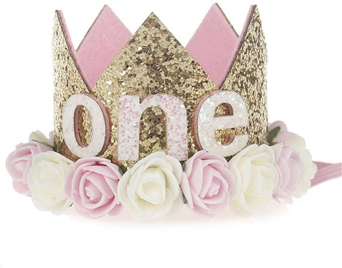 1e verjaardag cakesmash glitter hoedje One goud met roze en wit - cakesmash - hoedje - 1 - eerste - verjaardag - 1