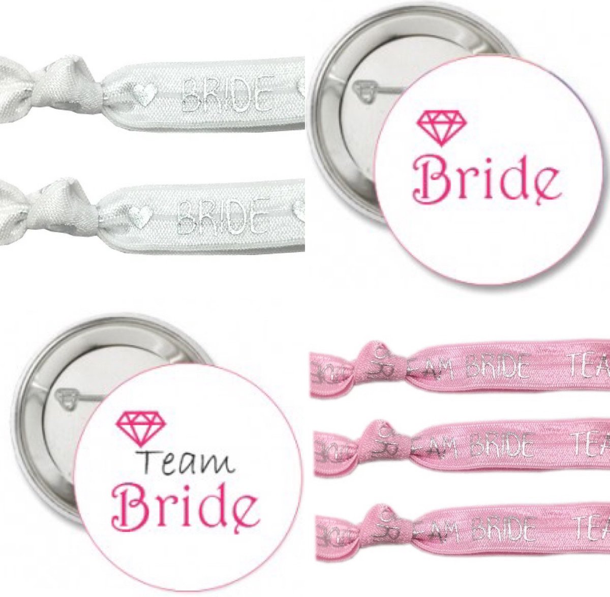 20-delige Set met buttons en 10 armbanden Bride to Be en Team Bride Diamond - vrijgezellenfeest - button - bruid - bride to be - team bride - trouwen