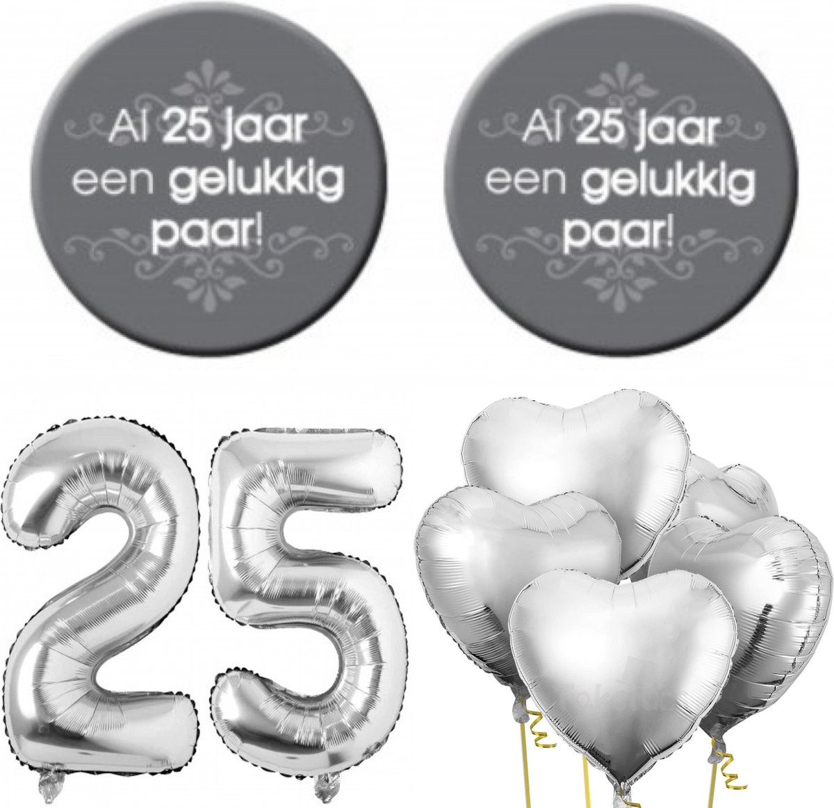25-jarig jubileum set met buttons en folie ballonnen zilver - jubileum - zilver - 25 - huwelijk - bruidspaar - button - ballon