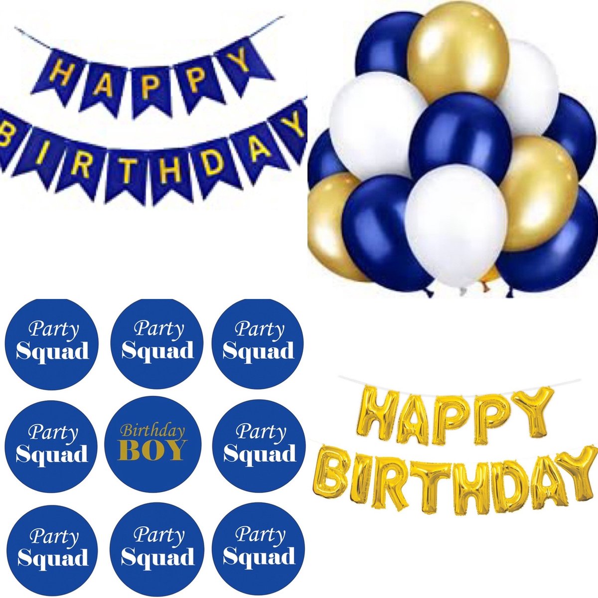 26-delige Happy Birthday set met slingers, ballonnen en buttons blauw met goud - verjaardag - slinger - ballon - blauw - goud - decoratie