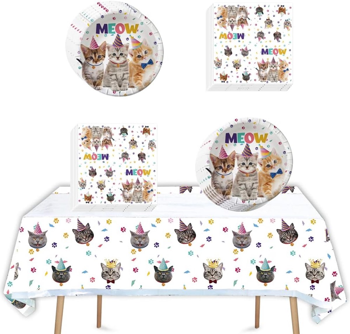 41-delige set Happy Cats met bordjes, servetten en tafelkleed - kat - poes - feest - party - bord - servet - tafelkleed - huisdier