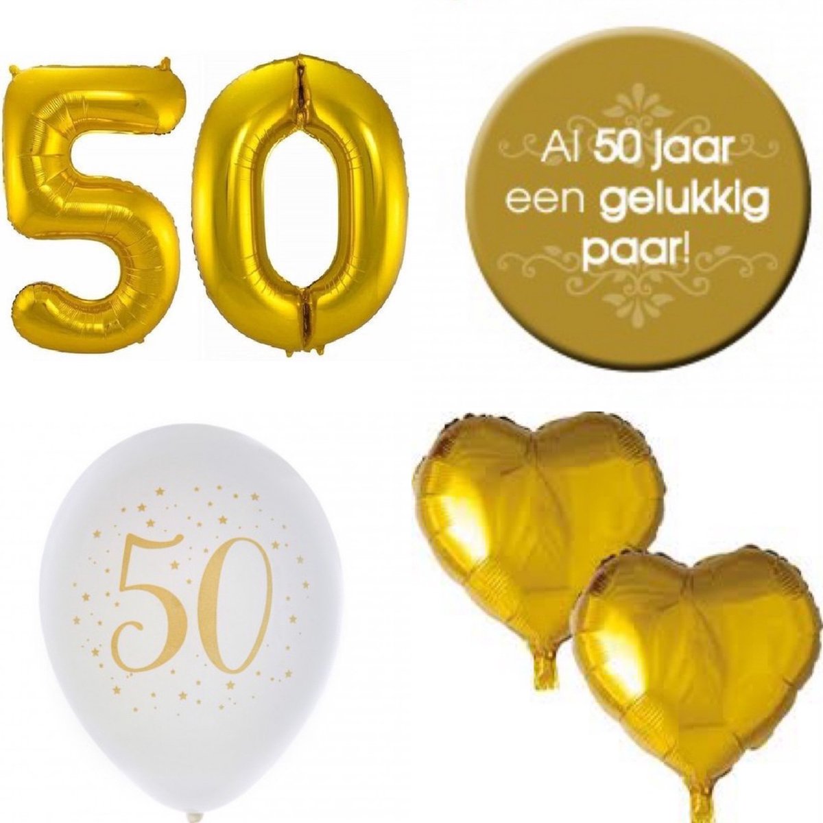 50-jarige jubileum set met ballonnen en buttons 14-delig - 50 - jubileum - ballon - button - goud - trouwen - bruidspaar