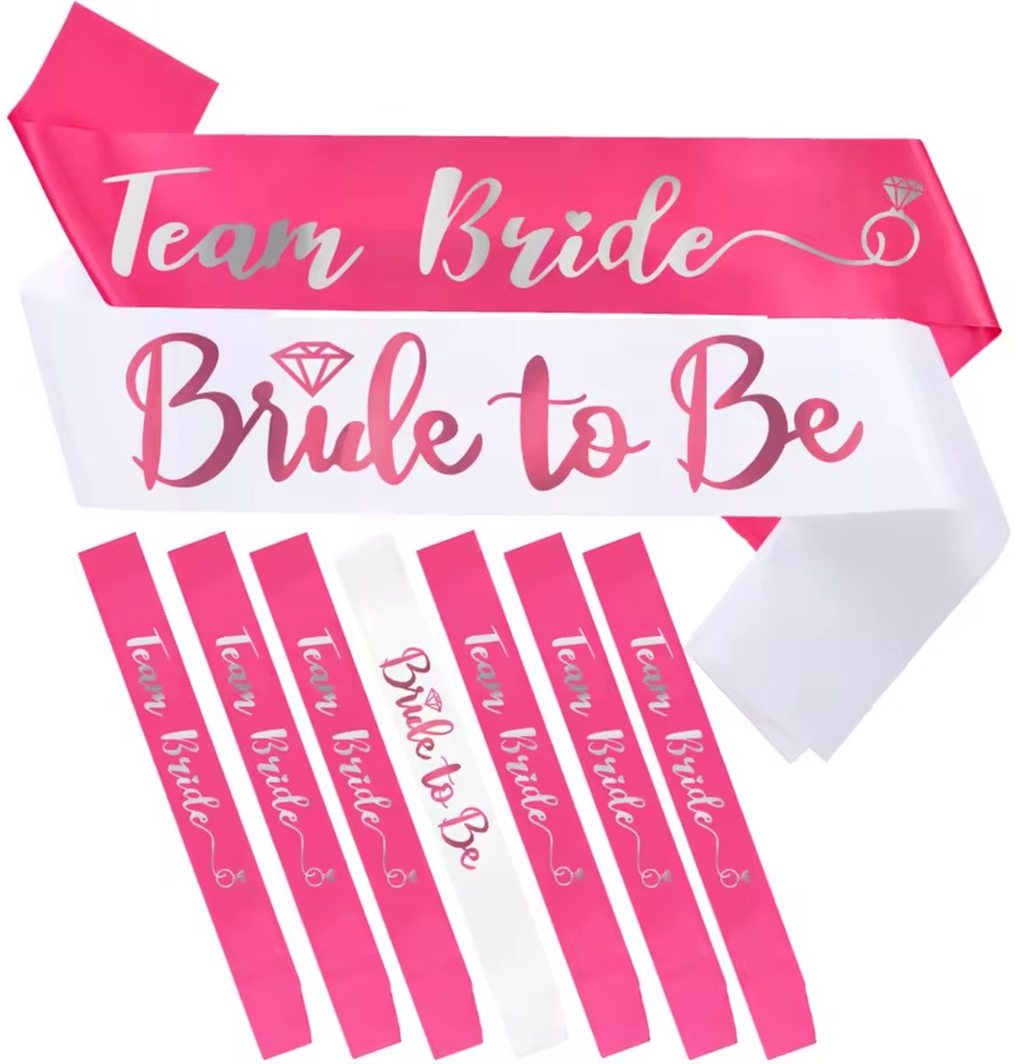 7-delige Vrijgezellenfeest sjerpen set wit roze zilver - sjerp - vrijgezellenfeest - bride to be - team bride - trouwen - huwelijk - bruiloft - bruid