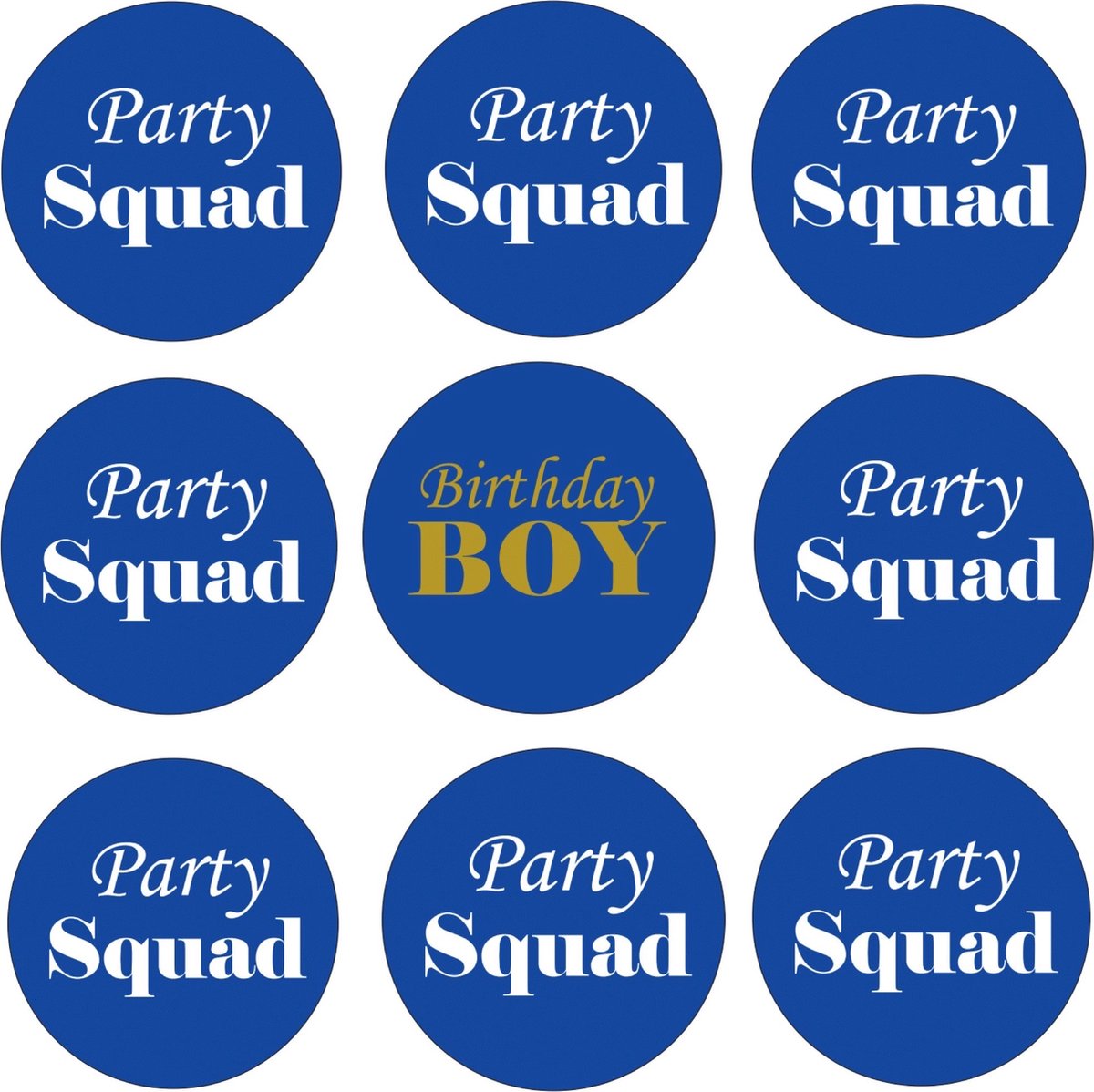 9 Buttons Birthday Boy en Party Squad blauw, waarvan 1 Birthday Boy en 8 Party Squad - button - verjaardag - party - squad