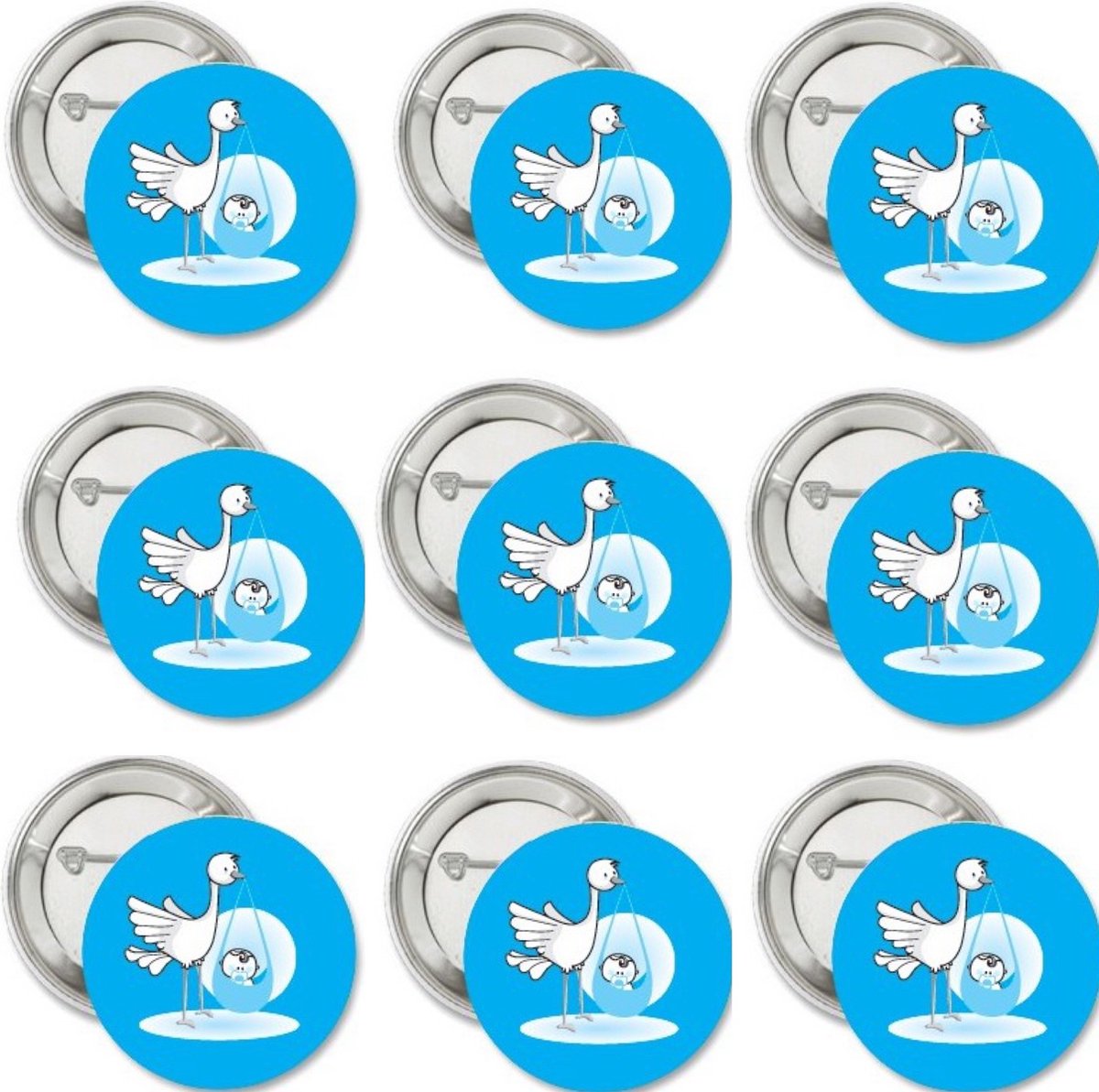 9 Buttons Daar komt de ooievaar blauw - babyshower - genderreveal - button - baby - zwanger - geboorte - boy - zoon