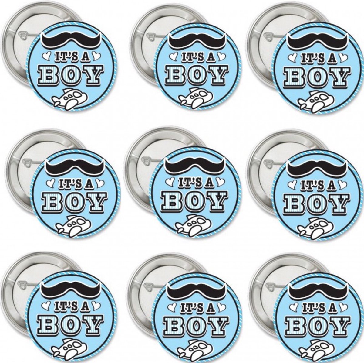 9 buttons Its a Boy moustache - geboorte - zwanger - zoon - boy - genderreveal - babyshower