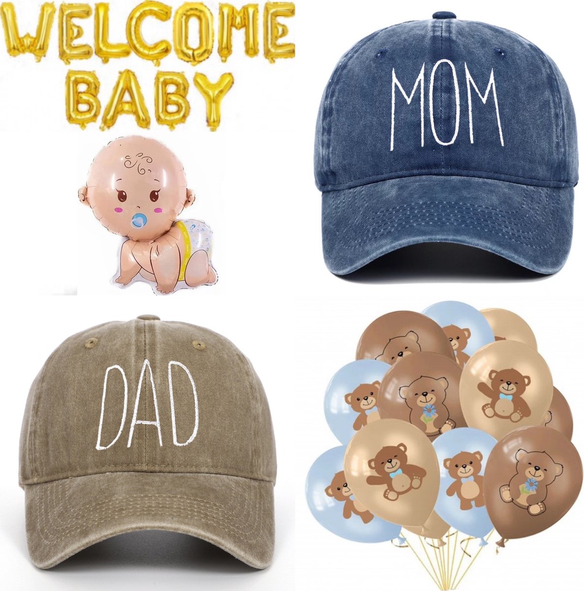 Babyshower set Welcome baby boy XL met caps en ballonnen - babyshower - genderreveal - cap - ballon - boy - beer - bear