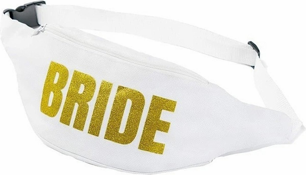 Bride heuptasje wit met gouden opdruk - vrijgezellenfeest - bride - bruid - heuptas - tas - trouwen - huwelijk - huwelijksreis - wit - goud