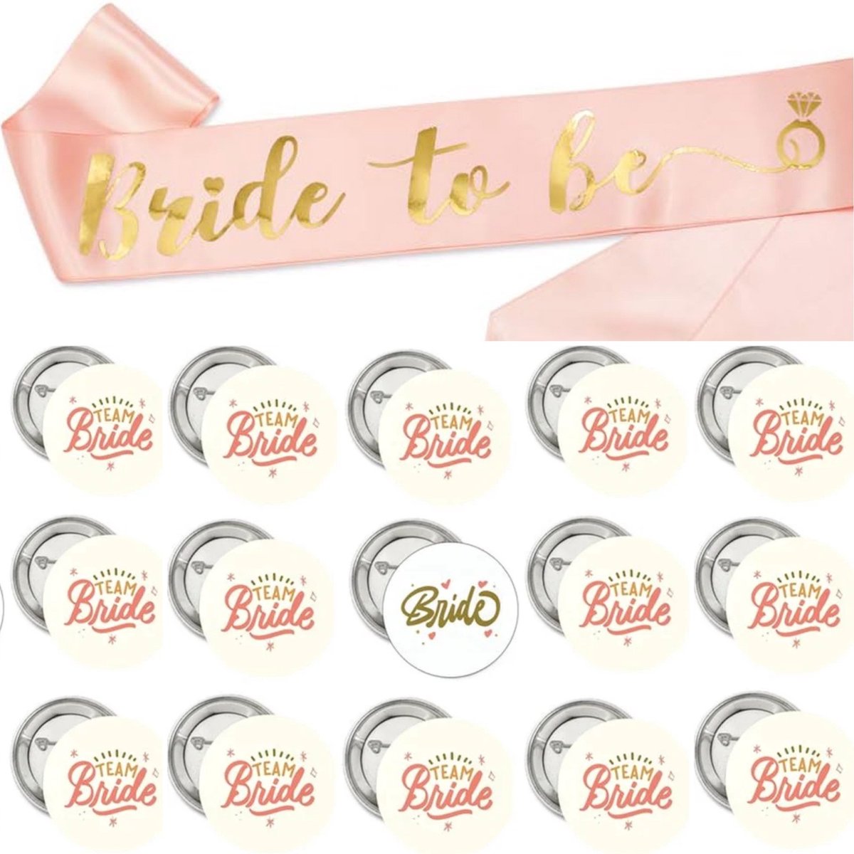 Bride to Be en Team Bride set met sjerp en buttons 16-delig - bride to be - vrijgezellenfeest - sjerp - button - bruid - team - bride