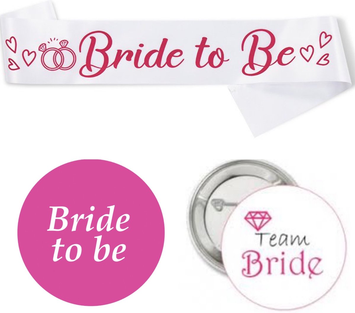 Bride to Be set met sjerp en buttons roze en wit 14-delig - vrijgezellenfeest - sjerp - button - bruid - bride toe be - huwelijk - bruiloft - trouwen